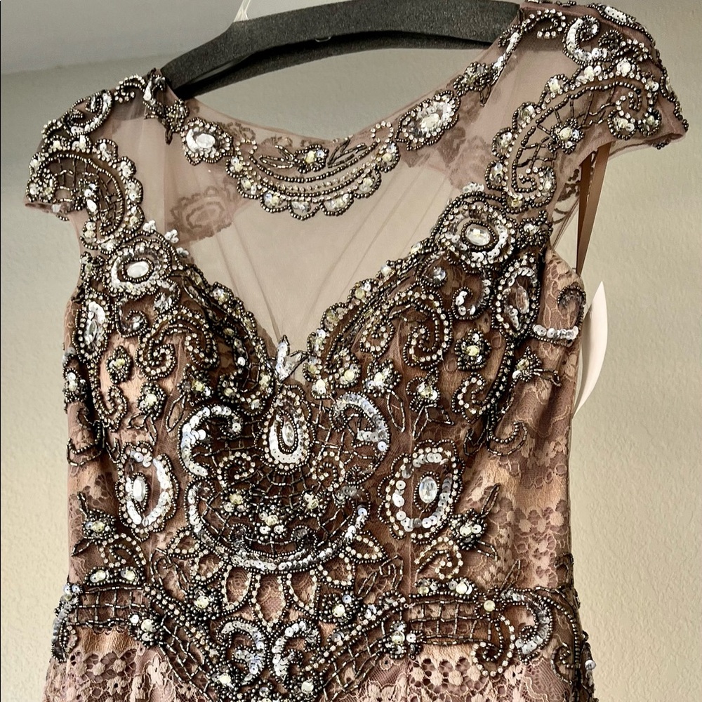 Elegant full length cap sleeve lace and floral rhinestone embellished dress